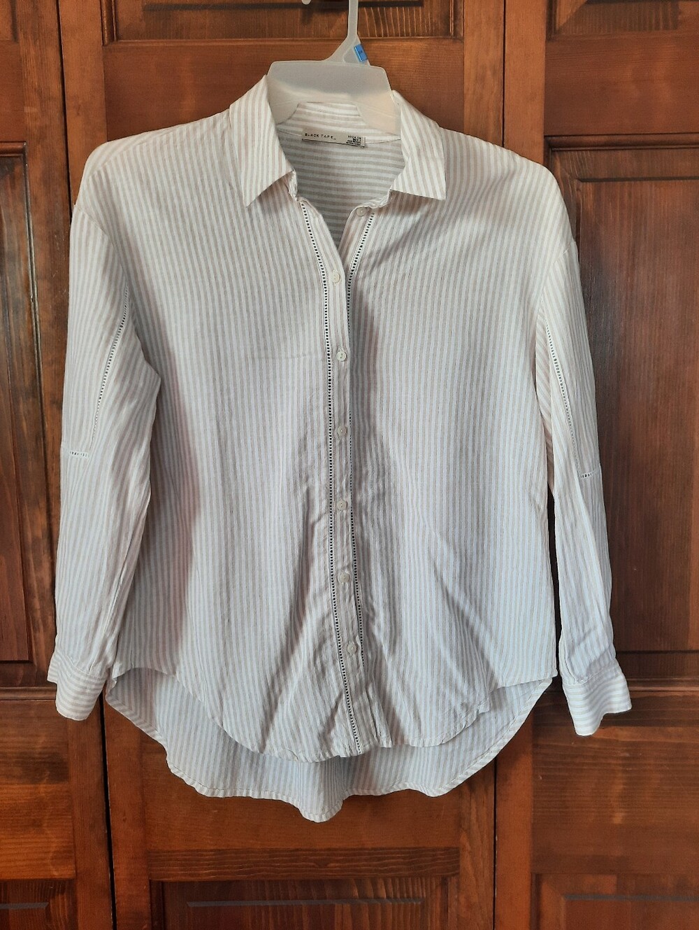 Black Tape Linen Blend Tan White Striped Boho Button Front Blouse Size Small